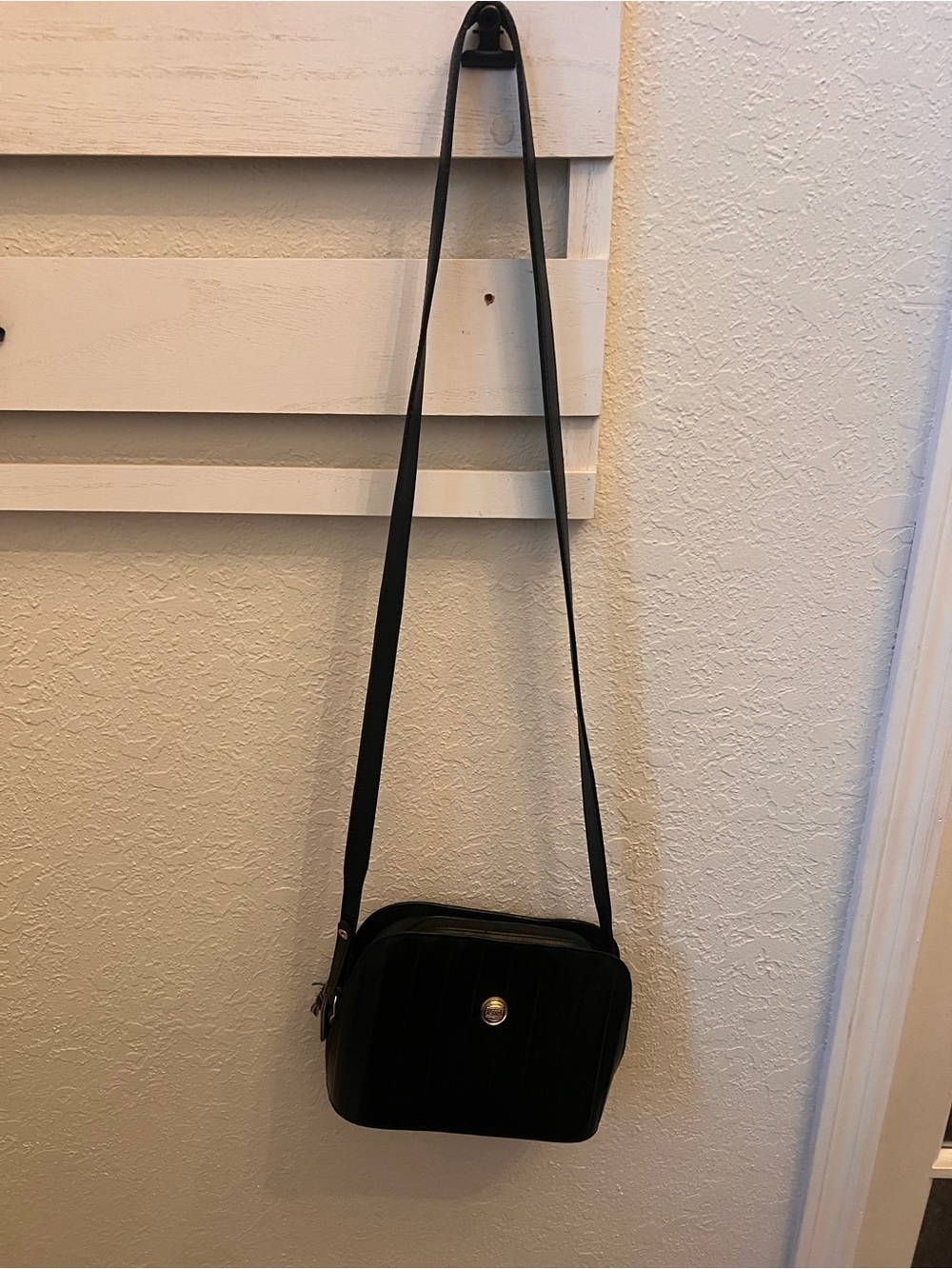 Vintage LAND Genuine Leather Black Crossbody Bag w/ Map Print Lining